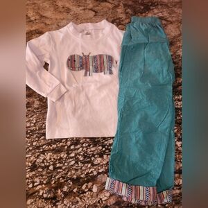White Long Sleeve Top with Colorful Hippo Applique + Teal Pants